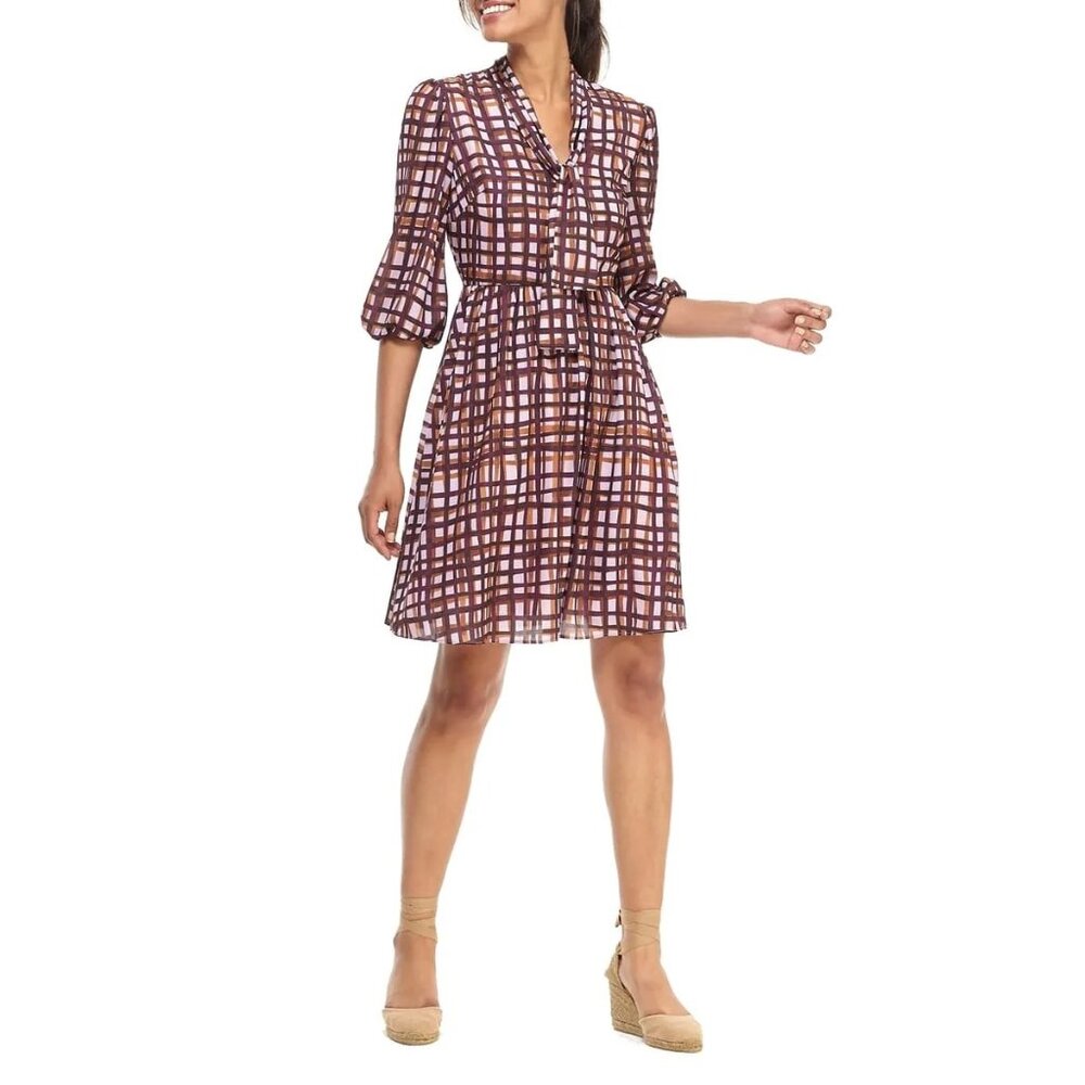 Gal Meets Glam Womens Lindsey Tie Neck Painted Windowpane Dress Purple size 4
